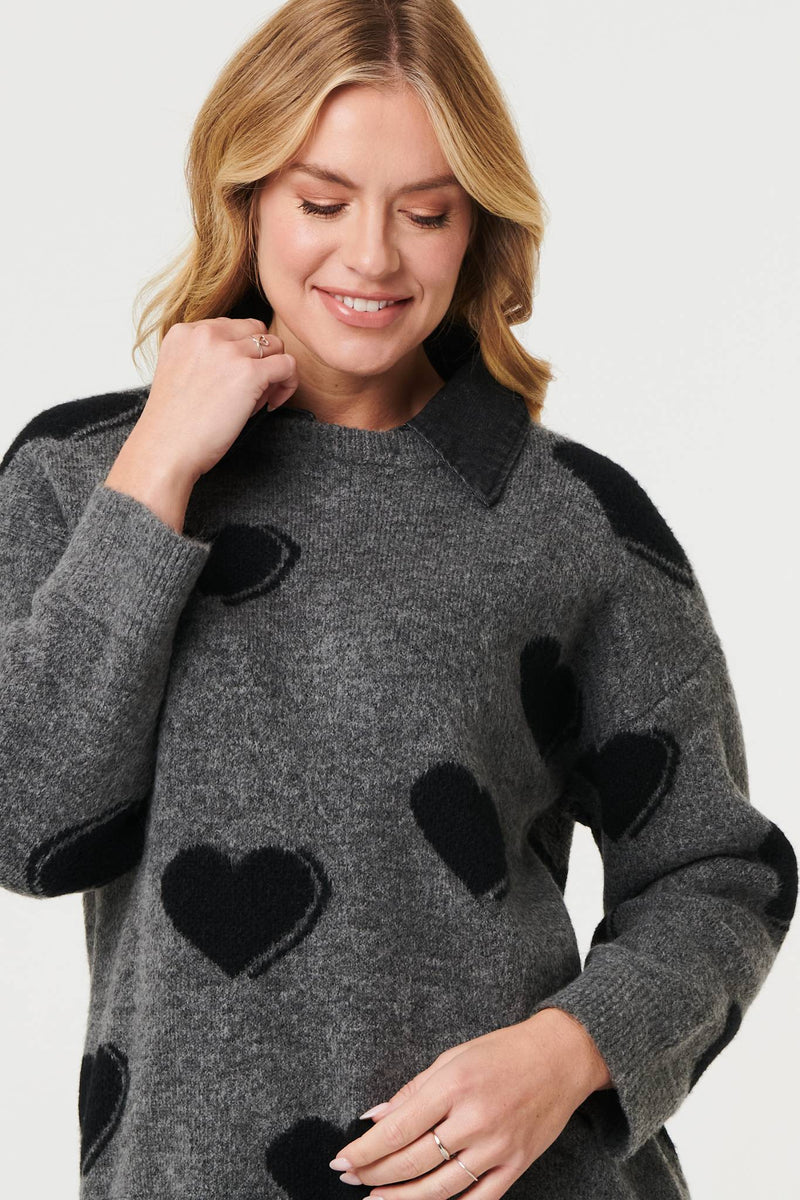 Grey | Heart Print Denim Trim Collar Jumper
