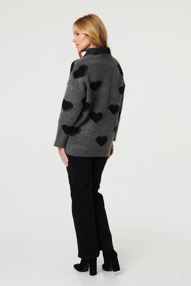 Grey | Heart Print Denim Trim Collar Jumper
