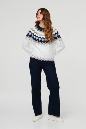 White | Fairisle Print Long Sleeve Jumper
