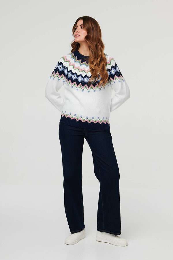 White | Fairisle Print Long Sleeve Jumper
