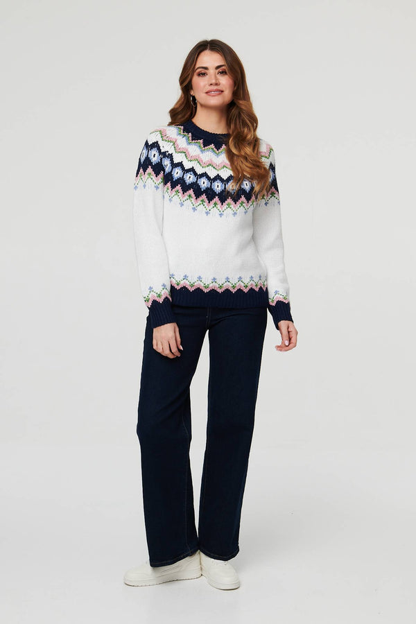 White | Fairisle Print Long Sleeve Jumper
