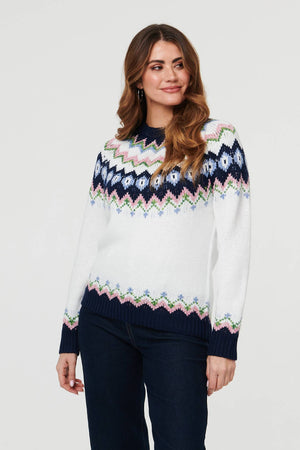 White | Fairisle Print Long Sleeve Jumper
