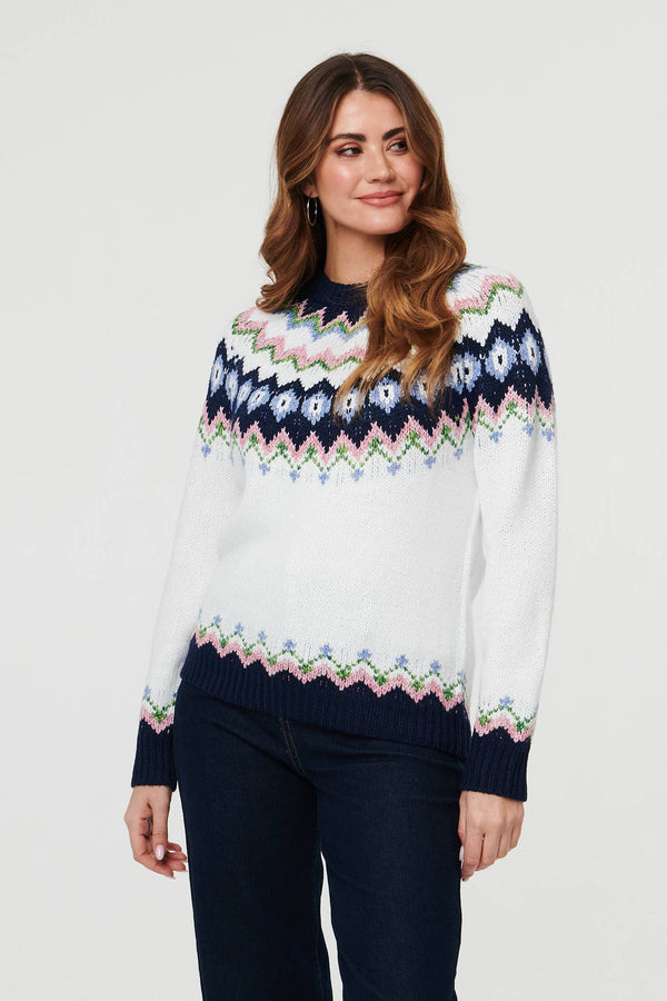 White | Fairisle Print Long Sleeve Jumper
