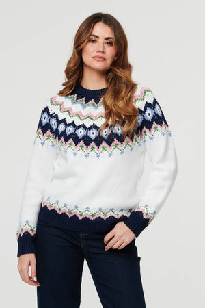 White | Fairisle Print Long Sleeve Jumper
