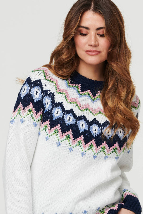 White | Fairisle Print Long Sleeve Jumper
