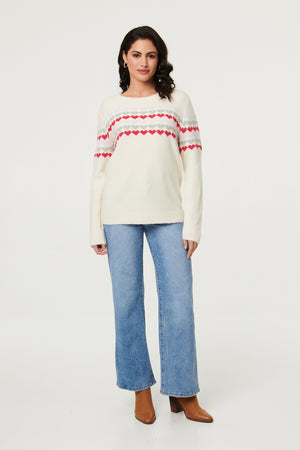 Beige | Heart Print Long Sleeve Relaxed Jumper