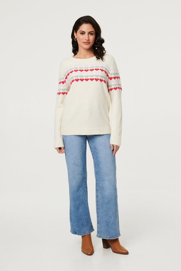 Beige | Heart Print Long Sleeve Relaxed Jumper