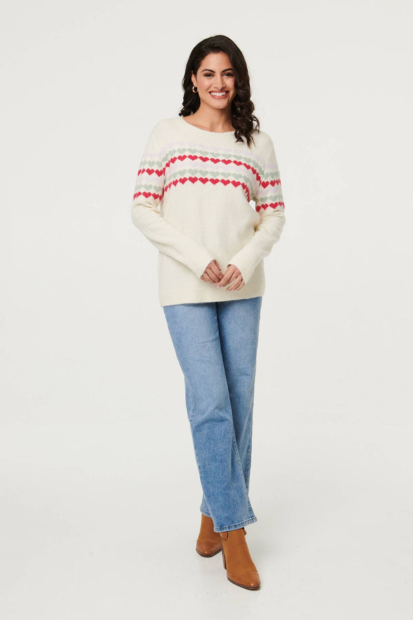 Beige | Heart Print Long Sleeve Relaxed Jumper