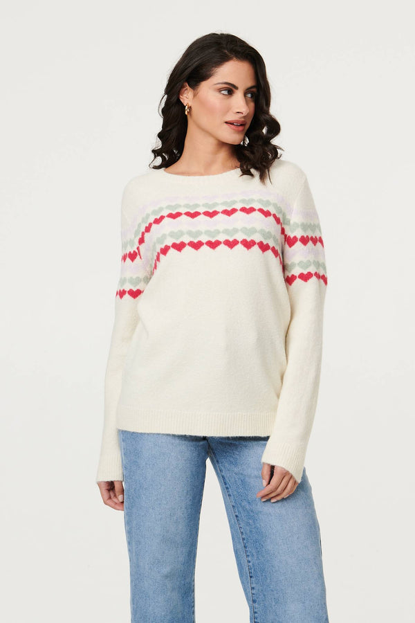 Beige | Heart Print Long Sleeve Relaxed Jumper