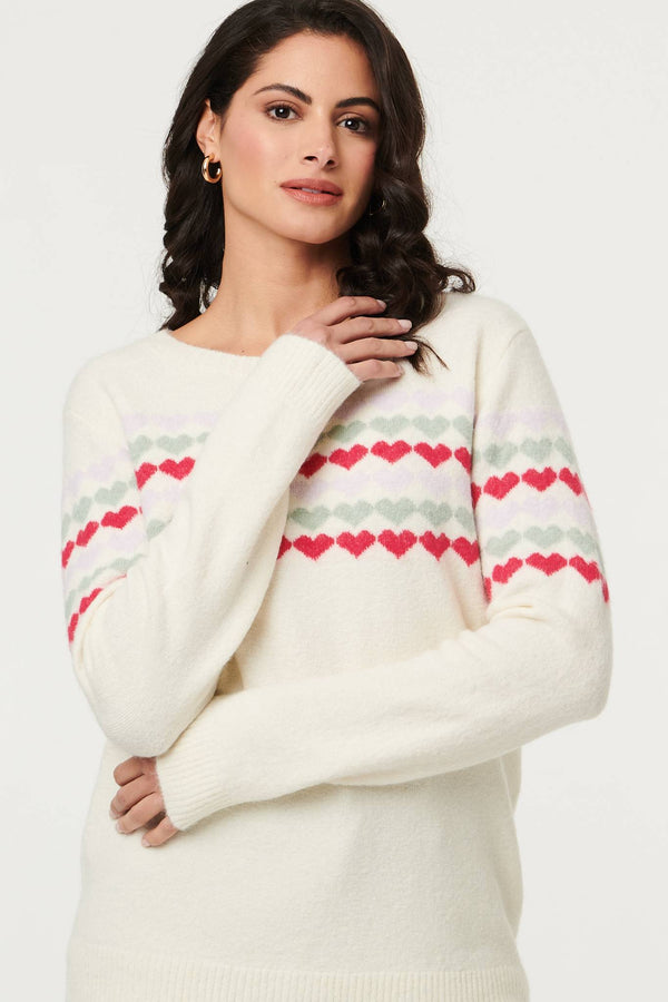 Beige | Heart Print Long Sleeve Relaxed Jumper