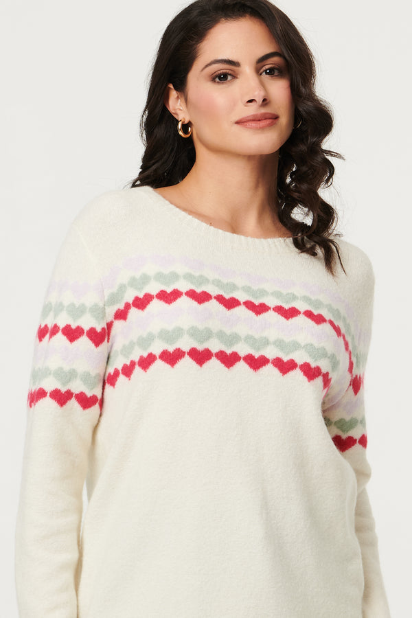 Beige | Heart Print Long Sleeve Relaxed Jumper