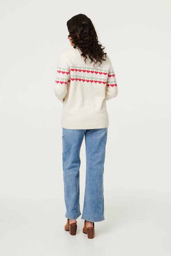 Beige | Heart Print Long Sleeve Relaxed Jumper
