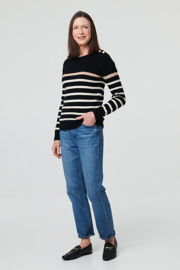 Black | Striped Button Detail Long Sleeve Jumper