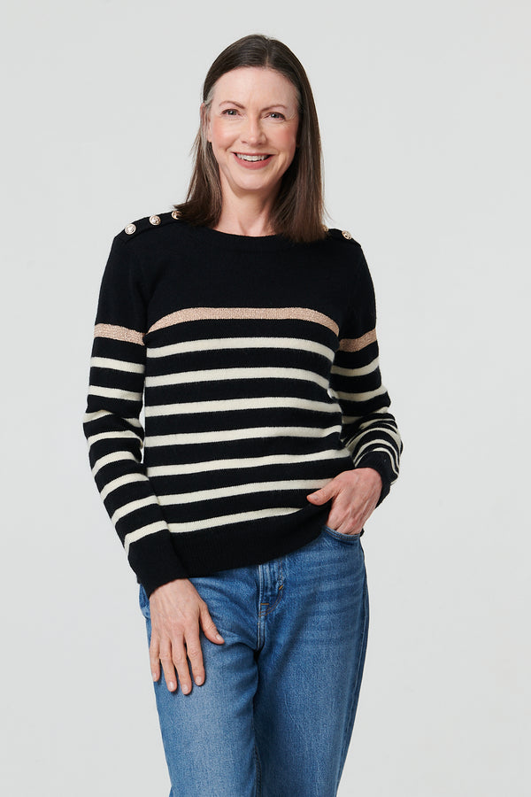 Black | Striped Button Detail Long Sleeve Jumper