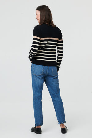 Black | Striped Button Detail Long Sleeve Jumper