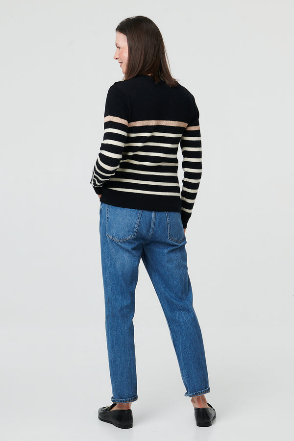 Black | Striped Button Detail Long Sleeve Jumper