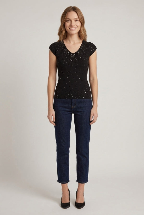 Black | Sparkle Detail Short Sleeve Knit Top