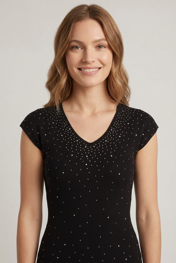 Black | Sparkle Detail Short Sleeve Knit Top