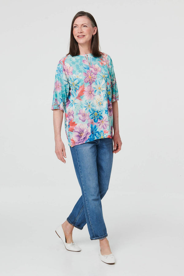Green | Floral 1/2 Sleeve Relaxed Knit Top