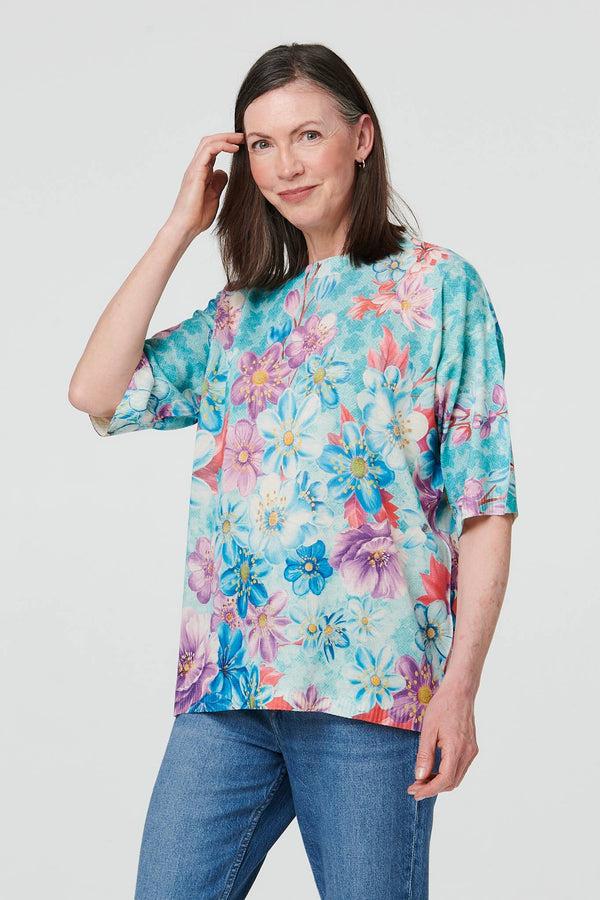Green | Floral 1/2 Sleeve Relaxed Knit Top