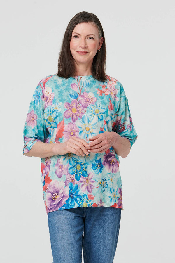 Green | Floral 1/2 Sleeve Relaxed Knit Top