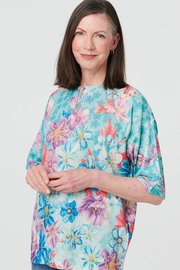 Green | Floral 1/2 Sleeve Relaxed Knit Top