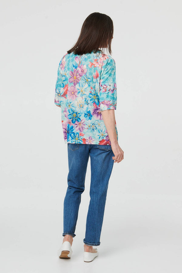 Green | Floral 1/2 Sleeve Relaxed Knit Top