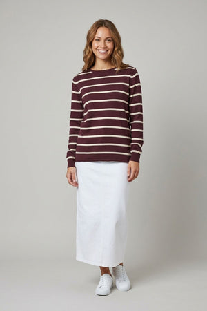 Brown | Striped Long Sleeve Knit Top : Model is 5'6