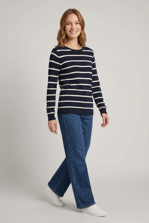 Navy | Striped Long Sleeve Knit Top : Model is 5'6