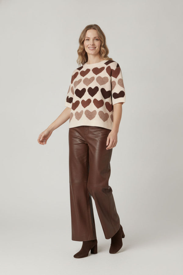 Brown | Heart Print Short Sleeve Cropped Jumper