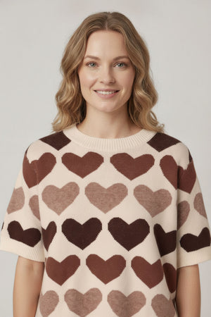 Brown | Heart Print Short Sleeve Cropped Jumper