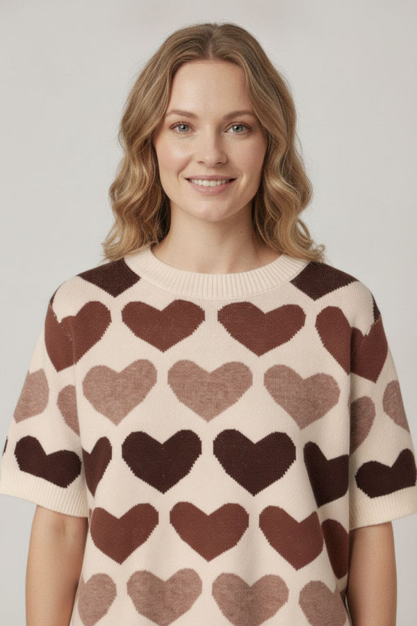 Brown | Heart Print Short Sleeve Cropped Jumper