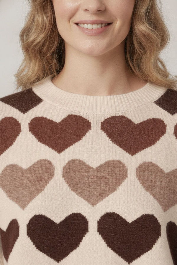Brown | Heart Print Short Sleeve Cropped Jumper