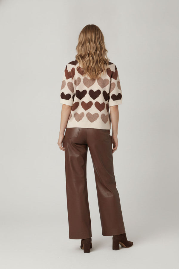 Brown | Heart Print Short Sleeve Cropped Jumper