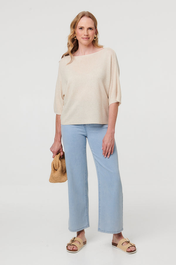 Cream | 3/4 Sleeve Boxy Boat Neck Knit Top