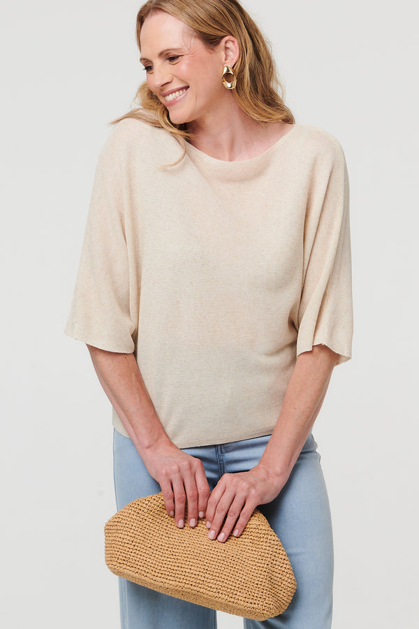 Cream | 3/4 Sleeve Boxy Boat Neck Knit Top