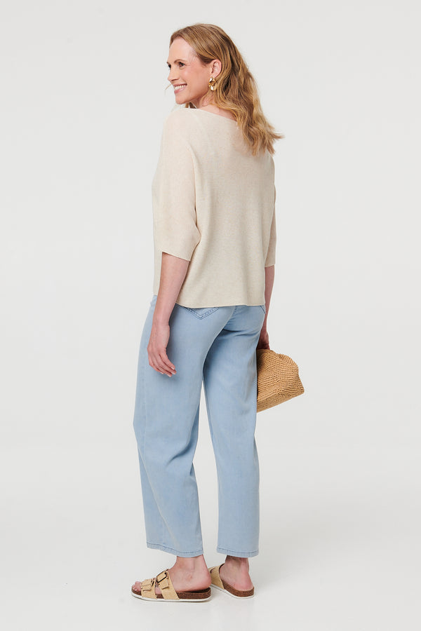 Cream | 3/4 Sleeve Boxy Boat Neck Knit Top