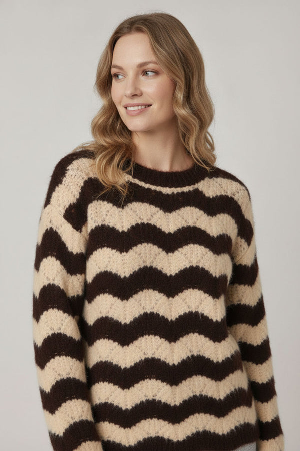 Brown | Wave Striped Texture Relaxed Jumper