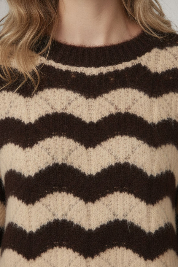 Brown | Wave Striped Texture Relaxed Jumper