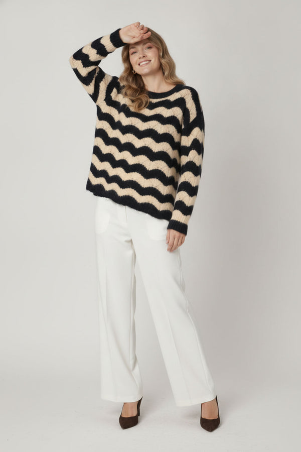 Navy | Wave Striped Texture Relaxed Jumper