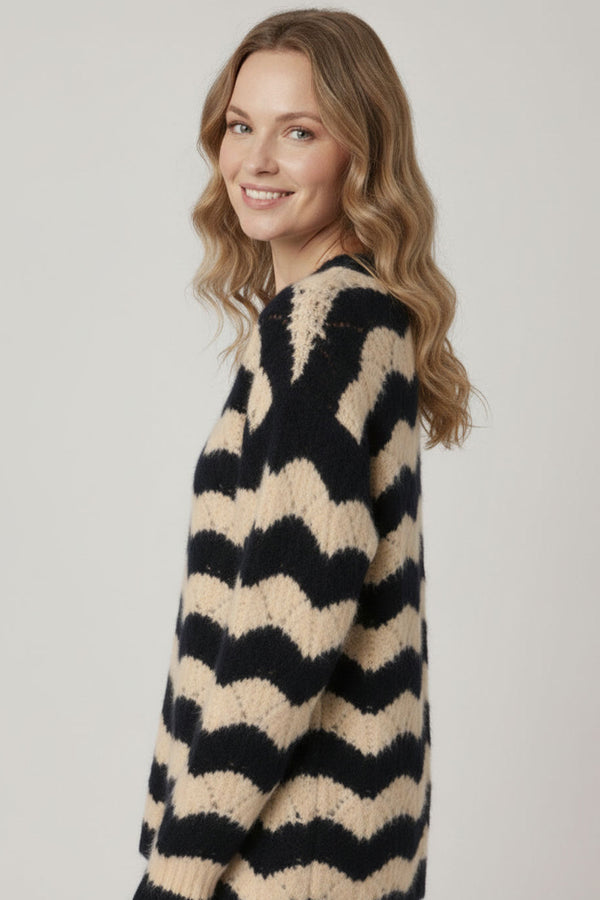 Navy | Wave Striped Texture Relaxed Jumper