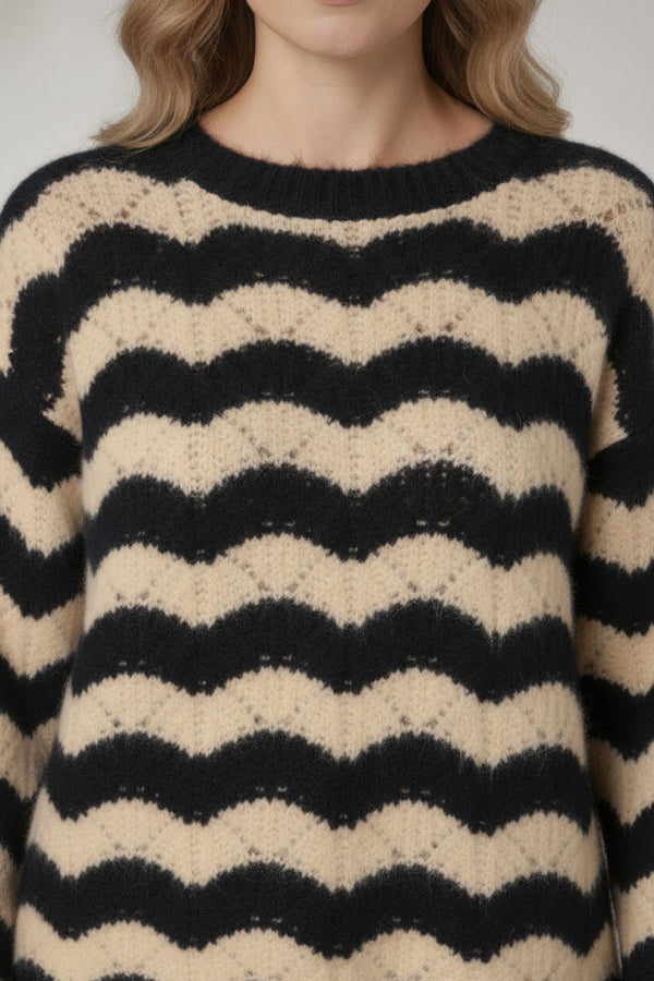 Navy | Wave Striped Texture Relaxed Jumper