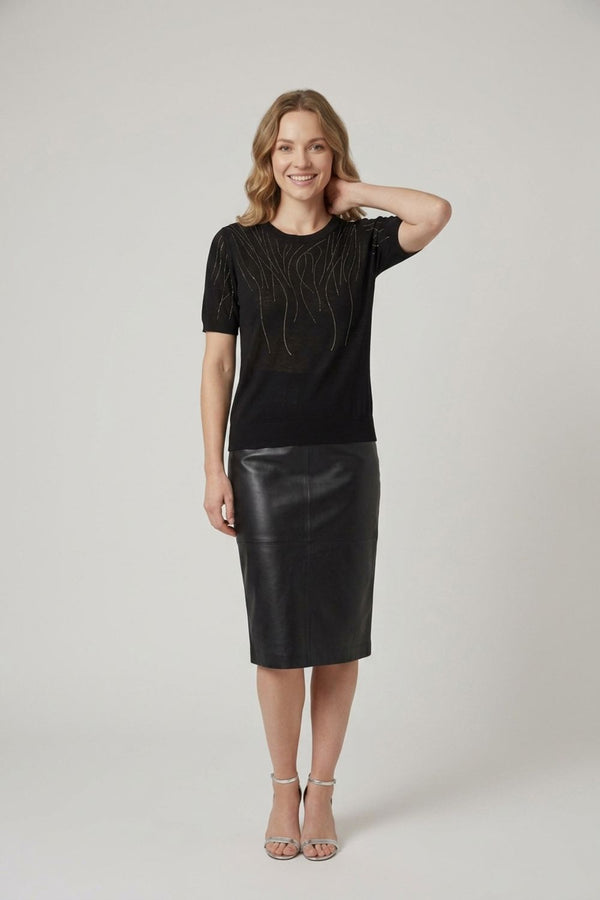 Black | Abstract Diamante Knit Short Sleeve Top