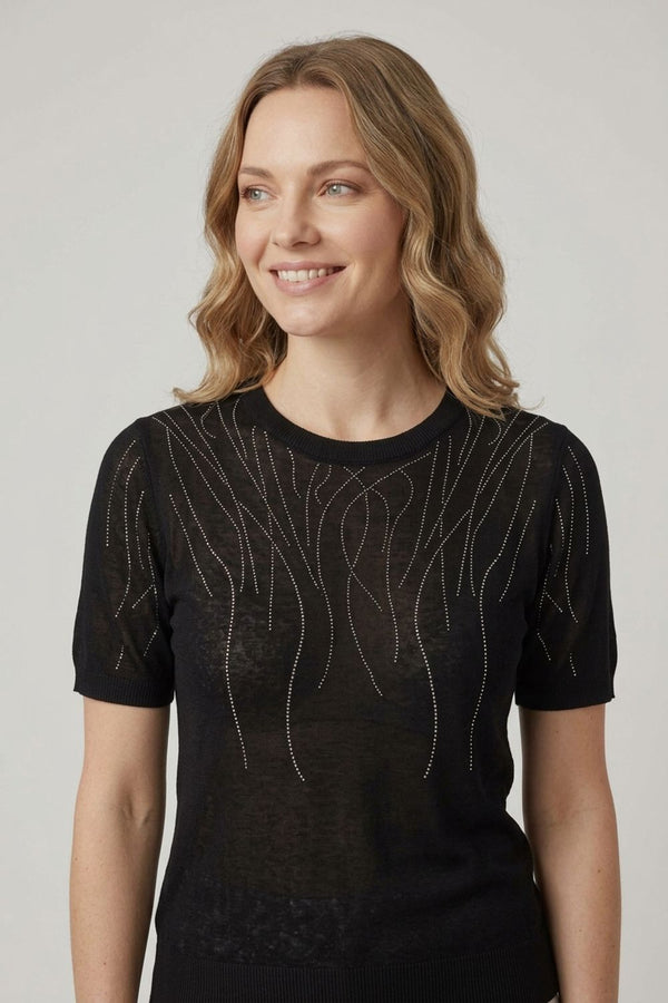 Black | Abstract Diamante Knit Short Sleeve Top