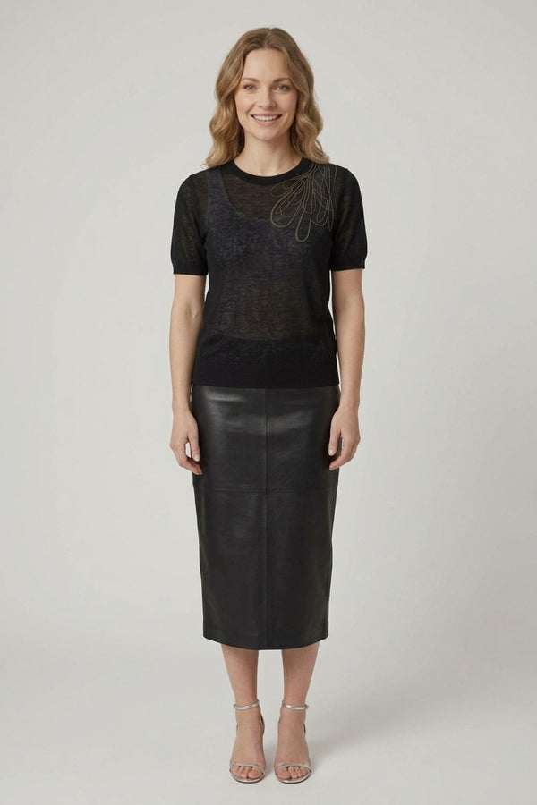 Black | Abstract Diamante Cap Sleeve Knit Top