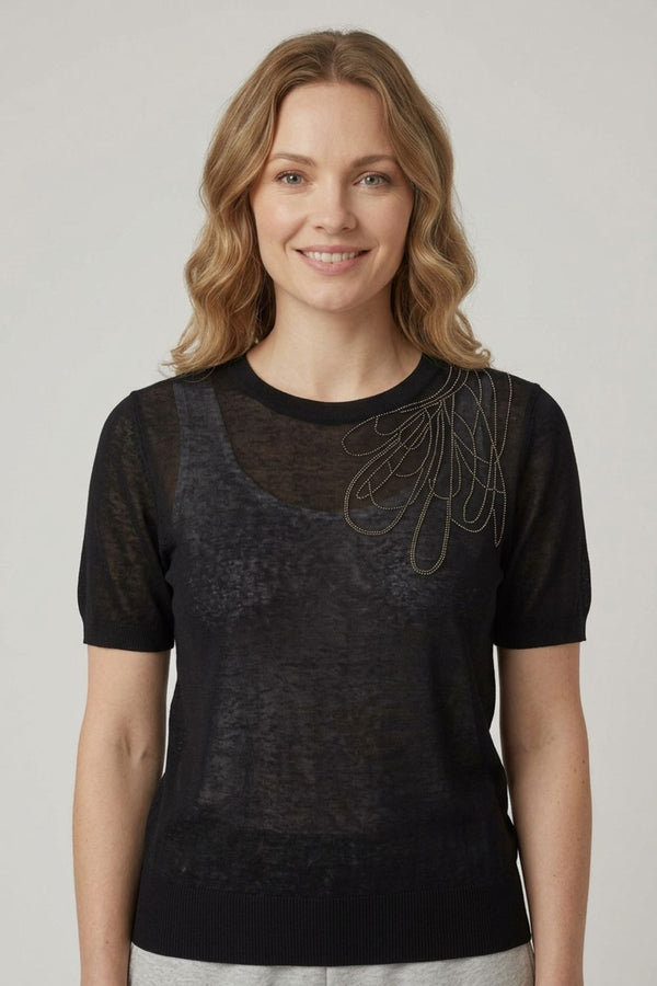 Black | Abstract Diamante Cap Sleeve Knit Top