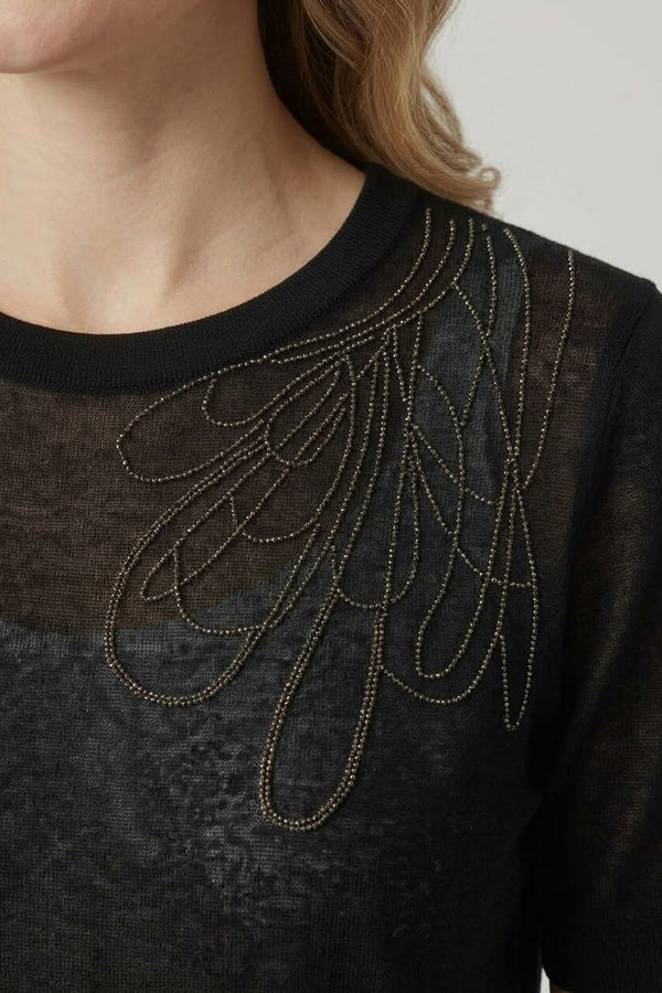 Black | Abstract Diamante Cap Sleeve Knit Top