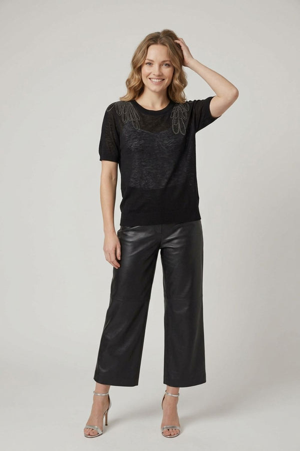 Black | Abstract Diamante Short Sleeve Knit Top