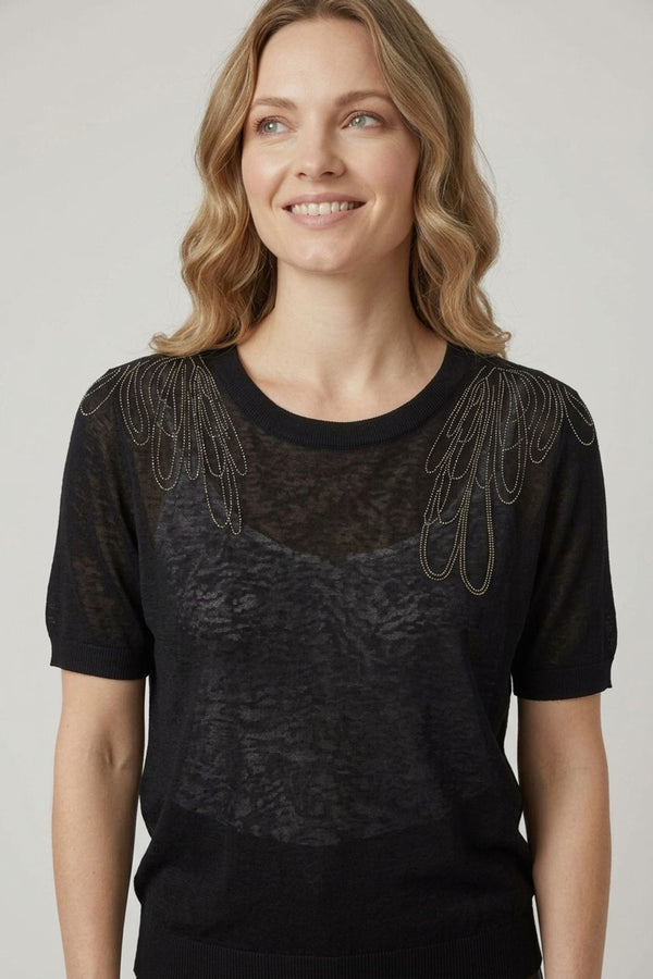 Black | Abstract Diamante Short Sleeve Knit Top