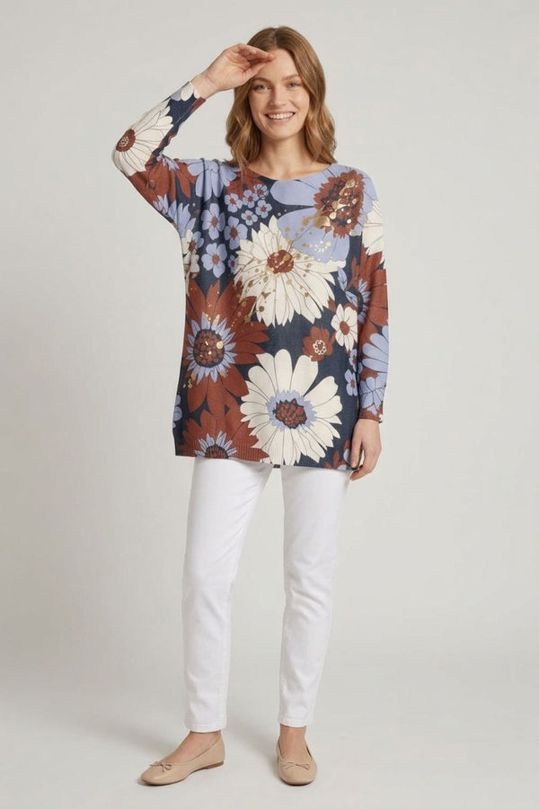 Navy | Floral Metallic Print Boat Neck Jumper
